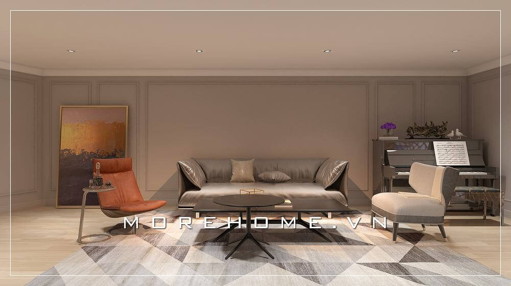 Mẫu thiết kế phòng khách hiện đại với bộ sofa da cao cấp cho không gian tầng 2 của nhà phố, biệt thự